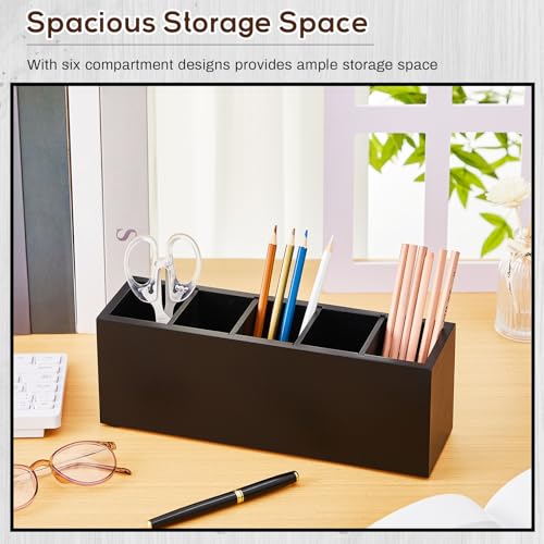 Image of Jetec Wooden Pencil Pen Holder for Desk 5 Compartments Cosmetic Makeup Brush Stationery Office Desktop Organizers for Countertop Adjustable Silverware Caddy for Party, Art Supplies,Home decor(Black)