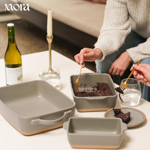 Image of Mora Ceramic Set of 2 Baking Dishes For Casserole, Banana Bread, Brownies, Broiling, Roasting, and Baking. 7x11 in and Loaf Pans - Porcelain Serving Bakeware from Oven to Table. Freezer Safe - Peppercorn