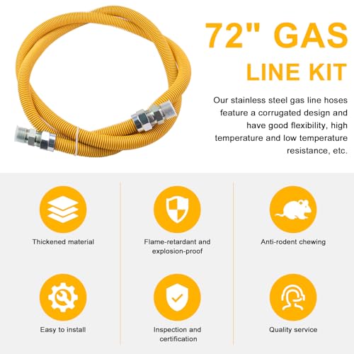 AMI PARTS 72" Flexible Gas Line Kit Yellow Coated, Gas Hose Connector Kit for Dryer, Stove, Water Heater,5/8" OD(1/2" ID) Stainless Steel Gas Line with Connector 1/2" MIP &1/2"FIP & 3/4"MIP Fitting - Thumbnail 6