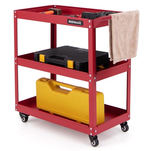 FANTASK Werkstatt-Rollwagen 3 Etagen, Werkstattwagen mit 4 Universalrädern & Griff, Werkzeugwagen aus Metall, Montagewagen Rollwagen 120kg Belastbar für Garage Zuhause Lager, 73 x 36 x 75cm,Rot