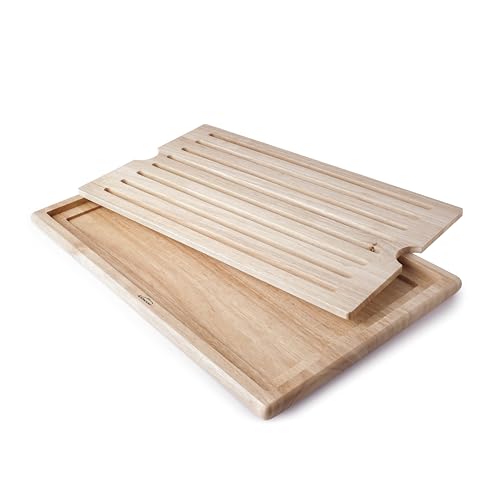 Lacor - 60486 - Planche à découper de cuisine, Planche à découper pour pain, Plateau ramasse-miettes, Robuste et résistant, Grip System, 8 canaux horizontaux, Bois de Caoutchouc, 53 x 32.5 cm