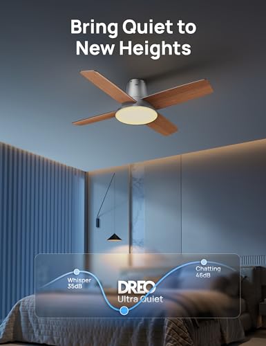 Image of DREO Ceiling Fans with Lights, 12 Speeds & 3 Fan Modes, Quiet DC Motor, Low Profile Easy to Install, Flush Mount Smart Ceiling Fan with Dimmable LED, 12H Timer for Bedroom, Remote, Silver, 44''