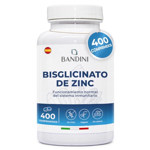 Bandini® Bisglicinato de Zinc 400 Comprimidos (13 Meses), Alta Dosis, Zinc Puro para Pelo, Piel, Uñas, Vista y Renforzar Sistema Inmunológico, Alta Absorción, Antioxidante Vegano, Sin Gluten y Keto