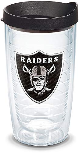 Image of Tervis Made in USA Double Walled NFL Las Vegas Raiders Primary Logo Insulated Tumbler Cup Keeps Drinks Cold & Hot, 16oz, Clear - Black Lid