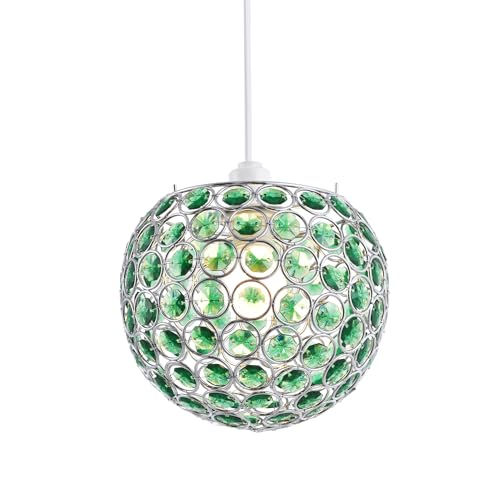Modern Round Globe Easy Fit Pendant Shade with Small Forest Green Acrylic Bead Jewels | 18cm Diameter | 60w Maximum | Simple Installation by Happy Homewares