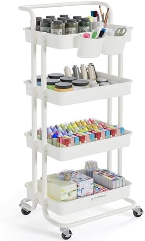 SONGMICS 4-Tier Storage Trolley, Rolling Trolley with Handle, 2 Small Organisers, Steel Frame, Plastic Baskets, Utility Cart, Easy Assembly, for Bathroom Laundry Room, White BSC077WZ01