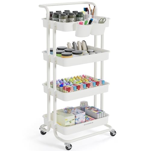 SONGMICS Carro Rodante, Caritro de Almacenamiento de 4 Niveles, con Mango, 2 Organizadores Pequeños, Marco de Acero, Cestas de Plástico, para Dormitorio, Lavadero Baño, Blanco BSC077WZ01 SONGMICS Carro Rodante, Caritro de Almacenamiento de 4 Niveles, con Mango, 2 Organizadores Pequeños, Marco de Acero, Cestas de Plástico, para Dormitorio, Lavadero Baño, Blanco BSC077WZ01