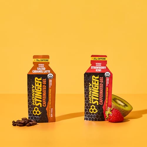 Image of Honey Stinger Caffeinated Organic Energy Gel Variety Pack of 24, 12 Packs Each of Salted Caramel Latte & Strawberry Kiwi, Caffeinated & Gluten Free, for All Exercises, Sports Nutrition for Home & Gym