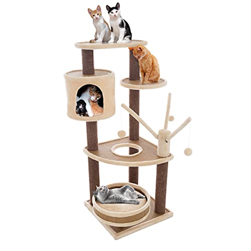 6-Tier Cat Tower- Cushioned Pet Bed, Napping Perches, Kitty Condo Hut, and Spring Arms with 3 Hanging Toys Fully Carpeted by PETMAKER (Brown/Beige)