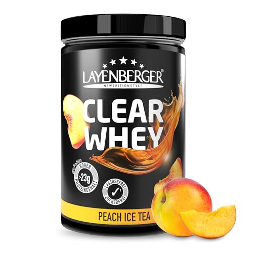 Layenberger CLEAR WHEY Protein Pulver zum Anrühren, klarlösliches Molkeneiweißisolat für Muskelaufbau, 77% Eiweiß, 22,9% BCAA (1x 420 g) - Eistee-Pfirsich