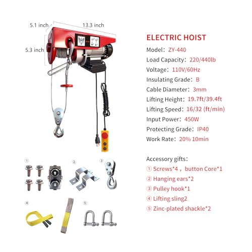 ZHAN · YING Electric Hoist, 440 lbs Material Handling Tool, 110V Electric Winch with 14ft Wired Remote Control,Lift Hoist for Factories, Warehouses, Construction Site, Attic