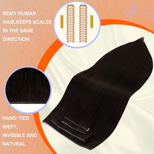 Image of Full Shine Tape in Weft Hair Extensions Human Hair, Darkest Brown 16 Inch
