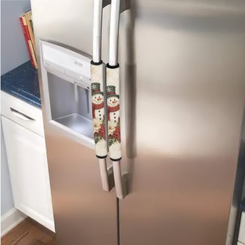 Image of Christmas Fridge Door Handle Covers Set of 6 Kitchen Appliance Decor Handles Glove Anti-Slip Protectors Washable Fabric Refrigerator Decor Accessories, Snowman Poinsettia Flower Beige