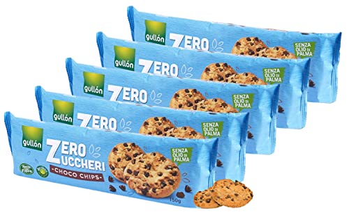 5X Gullon, Golosi Biscotti Choco Chips con Gocce di Cioccolato e Zero Zuccheri 150g [5 Confezioni]