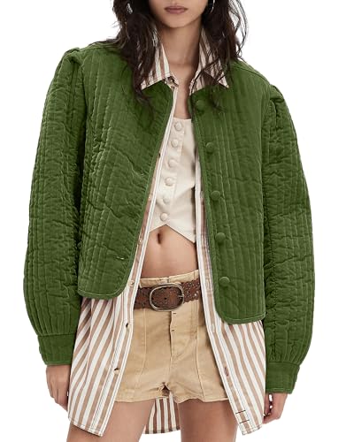 Locachy Women's Vintage Crew Neck Quilted Puffer Jacket Button Down Padded Cropped Fall Winter Outerwear Coat Army Green S