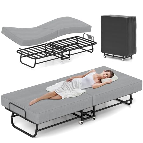 Fabulis Folding Bed with Mattress, Portable Foldable Bed for Adults, Roll Away Guest on Wheels, Memory Foam Mattress and Metal Frame, Space Saving Fold Up for Easy Storage, 75' x 31'