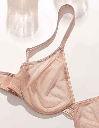 Deyllo Women's Sheer Mesh Lace Unlined Underwire Bra Sexy See-Through Demi Bralette(Almond Kiss,32B) #TOP5
