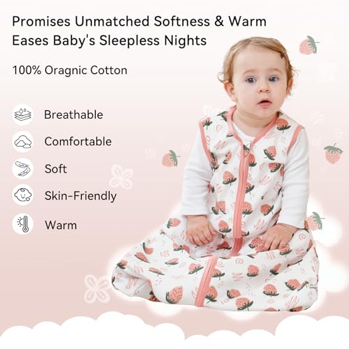 Image of Baby Sleep Sack 18-24 Months 0.5 Tog Wearable Blanket Baby, 3 Pack 100% Cotton Lightweight Sleeping Sack with 2-Way Zipper for Infant Toddler Strawberry