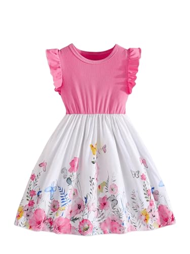 WDIRARA Girl's Floral Print Ruffle Sleeve Dress Color Block Flared A Line Dresses