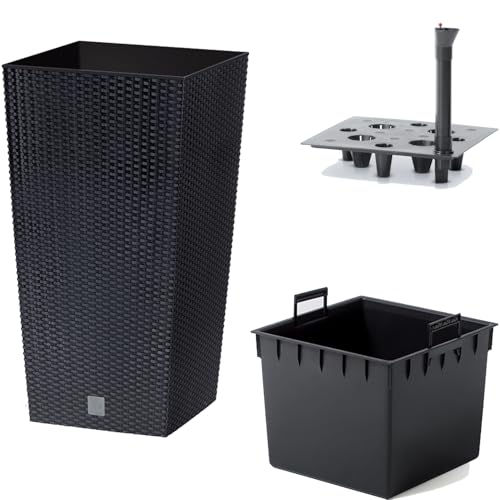Prosperplast Blumentopf in Rattan-Optik mit Einsatz und Bewässerungssystem | anthrazit | wetterfest & UV-beständig | aus robustem Kunststoff | für Innen- und Außenbereich | 26,5 x 26,5 x 50 cm