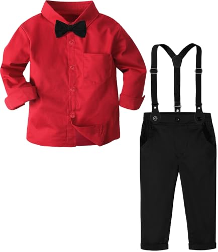 Image of mintgreen Baby Boy Gentleman Outfits, Kids Suit Christening Long Sleeve Clothes Set with Bow Tie, Red & Black, 18-24 Months, 90