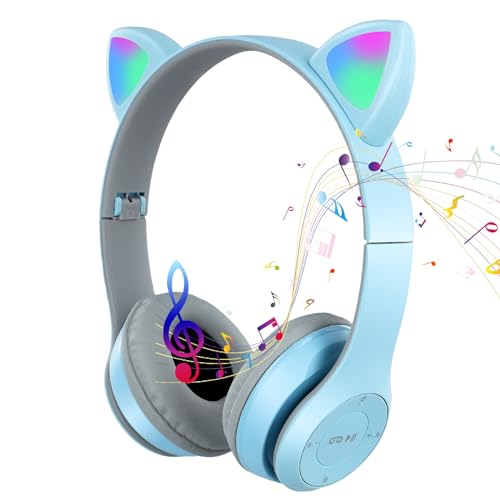 LIFEJXWEN Wireless Headphones Over Ear for Kids, Foldable Cat Ear Bluetooth Headphones LED Light Up Headset Support FM TF Card 3.5mm Audio Cable(Blue White) LIFEJXWEN Wireless Headphones Over Ear for Kids, Foldable Cat Ear Bluetooth Headphones LED Light Up Headset Support FM TF Card 3.5mm Audio Cable(Blue White)