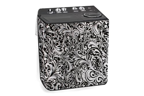Image of The Furnishing Tree PVC Waterproof Semi Automatic Washing Machine Cover Compatible for LG 7 Kg, 7.5 Kg & 8 Kg, DxWxH In Cms: ( 51x83.8x96.5 ), Floral pattern Black