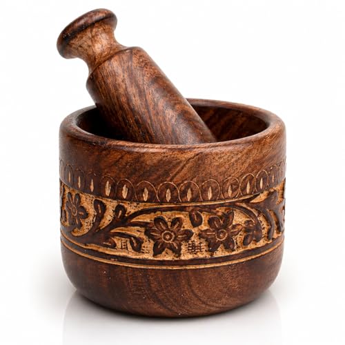 Handmade Indian Wooden Mortar and Pestle Set Natural Rustic Style