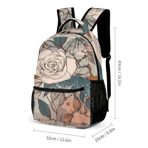 Retro Flower Pattern Printed Backpack With Lunch Pack Storage Box Case 3pcs Lightweight Travel Backpack2