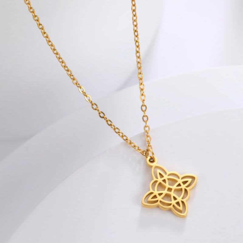 18K Yellow Gold Witch Knot Necklace, Nudo de Bruja, Witchcraft Witch Knot Necklace Women Neck Chains, Cross Pentacle Amulet