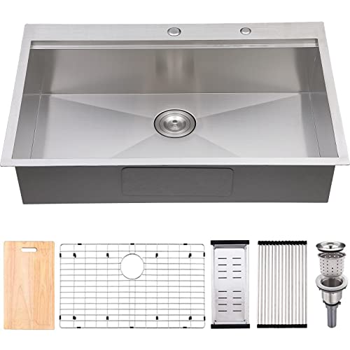 Kitchen Sink,33"L X 22"W Topmount Workstation Drop In Single Bowl 2 Hole 304 Stainless Steel 18 Gauge Handmade Kitchen Sink,Brushed Nickel Ledges Kitchen Sinks With Accessories #TOP6