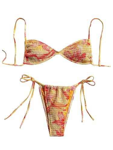 SOLY HUX Women's Triangle Bikini Set Textured Smocked String Swimsuit Boho Two Piece Bathing Suit
