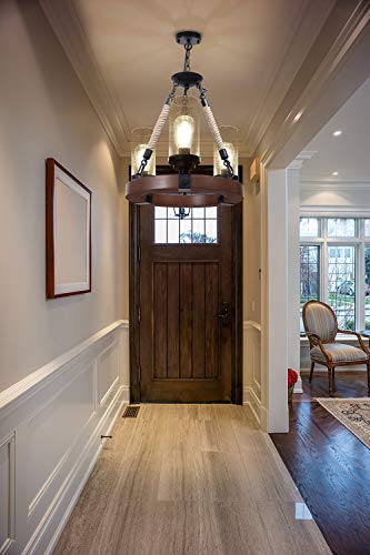 Wellmet Farmhouse Chandelier, Wood Wagon Wheel Chandelier With Seeded Glass Shade, Hanging Rustic Round 3 Lights Ceiling Pendant Lighting Fixture For Dining Room, Living Room,Foyer, Kitchen Island #TOP1