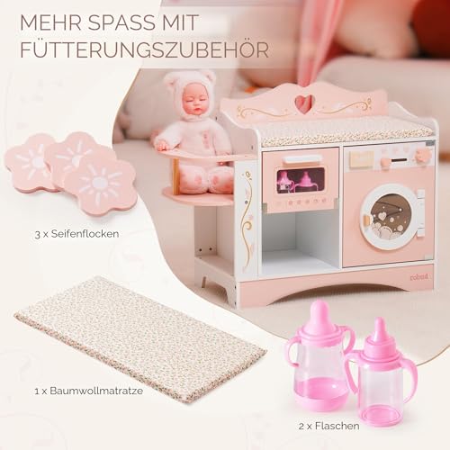 ROBUD Holzpuppen-Wickelstation, 4-in-1 Kleinkind-Puppen-Wickeltisch mit Waschmaschine & Flaschensterilisator, Aufbewahrung & Puppensitz, Puppenzubehör für Puppen unter 20\, Geschenk für Kinder Rosa