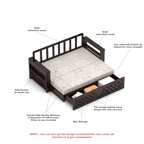 Image of Solid Wood Sofa Cum Bed for Living Room | Wooden Pull-Out Sofa Bed with Carved Front Design | Modern 3 Seater Convertible Diwan Bed for Home & Guest Room (Walnut Finish)
