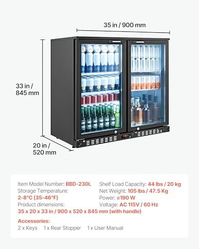 Image of VEVOR Back Bar Cooler, 7.4 Cu. Ft Commercial Beverage Refrigerator, Under Counter Bar Fridge with 2 Glass Doors, LED Lighting, Shelves, Low-E Glass Display Cooler for Beer, Soda, Wine, Drinks