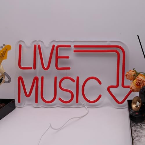 Image of Live Music Neon Sign for Music Studio Record Wall Decor Led Light Up Sign Accessories Red Words Neon Sign