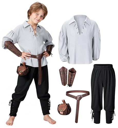 Image of Kids Medieval Viking Pirate Renaissance Tunic Pants Accessories Costume for Boys Cosplay 3-14 Years
