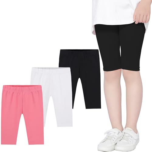 Kiench 3 Pack Girls Crop Leggings Cotton Summer Long Bike Shorts for School Sports Dance 2-11 Years