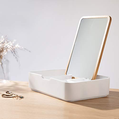 Navaris Small Jewelry Box Organizer - 8.6" X 6" X 2" Modern Storage Holder With 5 Compartments, Wood Lid And Mirror - For Rings, Earrings, Makeup #TOP1