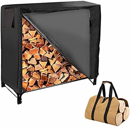 Emalie 4-foot Fire Wood Racks Outdoor with Waterproof Cover and Wood Carrier Tote, Heavy Duty Log Rack Wood Holders Storage Set, Black Steel Tubular Lumber Rack & Cover, Brown Tote