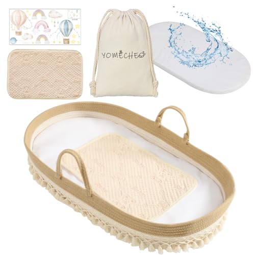 Image of YOMECHEO Baby Changing Basket, Diaper Changing Basket for Baby, Changing Basket for Baby Dresser, Moses Basket for Babies with Extra Foam Cushion, Waterproof Changing Mat, Storage Bag & Stickers
