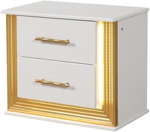 Pemberly Row Contemporary 2-Drawer Nightstand, Solid + Manufactured Wood, Gold Finish, LED Lights, Smooth-Glide Drawers, Modern Bedside Storage for Bedroom Decor