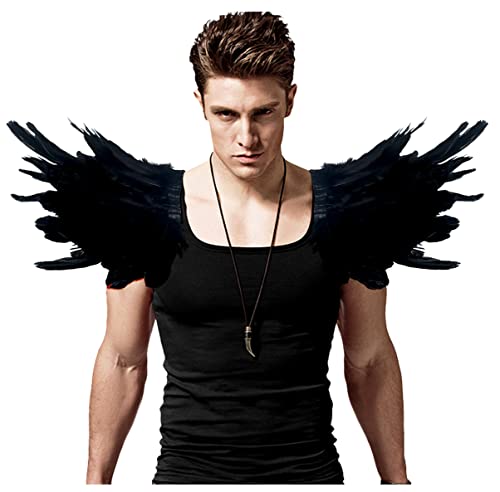 L'VOW Men Gothic Natural Real Feather Epaulet Shrug Shoulder Strap With Belt for Halloween Costume