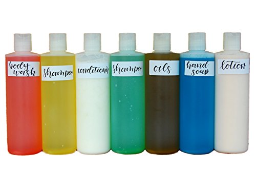 Bonus 7 Pack Squeeze Plastic Bottle 16 oz Press Disc Cap 10 FREE BLANK LABELS for Shampoo, Soap, Conditioner, Lotion, Oils