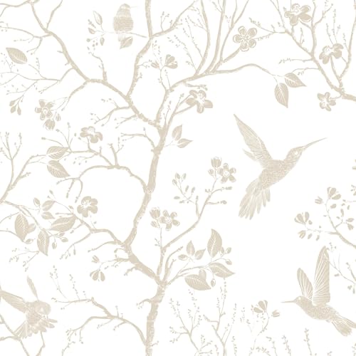 FunStick Vintage Beige White Floral Wallpaper Peel and Stick Cottage Farmhouse Bird Wallpaper White Floral Contact Paper for Cabinets Removable Renter Friendly Wall Paper for Bathroom Walls Waterproof