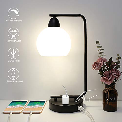 Touch Control Table Lamp with 2 USB Charging Ports and AC Outlet, Boncoo 3 Way Dimmable Industrial Desk Lamp Bedside Nightstand Lamp with Opal Glass Shade for Bedroom Office, 4000K LED Bulb Included