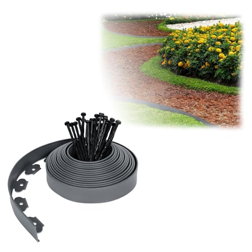 HENGMEI Bordure de pelouse en Plastique Flexible de 30 m avec système de barrière Contre Les Racines, Bordure de Parterre de Fleurs avec 90 Clous de Fixation, Gris