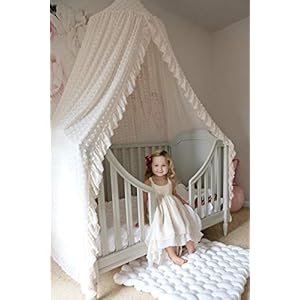 Wonder Space Elegant Kids Bed Canopy - Lace Chiffon Netting with Pom Pom, Princess Girls Fairy Dream Tent, Nursery Room Baby Crib Hanging Curtain Mosquito Net Children Reading Nook Decoration (Beige) Wonder Space Elegant Kids Bed Canopy Lace Chiffon Netting with Pom Pom Princess Girls Fairy Dream Tent Nursery Room Baby Crib Hanging Curtain Mosquito Net Children Reading Nook Decoration Beige