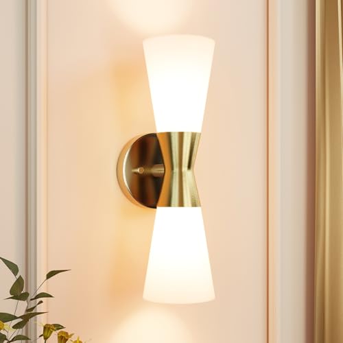 Image of Bathroom Wall Sconce, Modern Indoor Vanity Light Fixtures 15 inch, Up Down Lighting, Wall Mount Lamp for Living Room Bedroom Hallway Stairway Fireplace Mirror E26 Base 1PC White&Gold